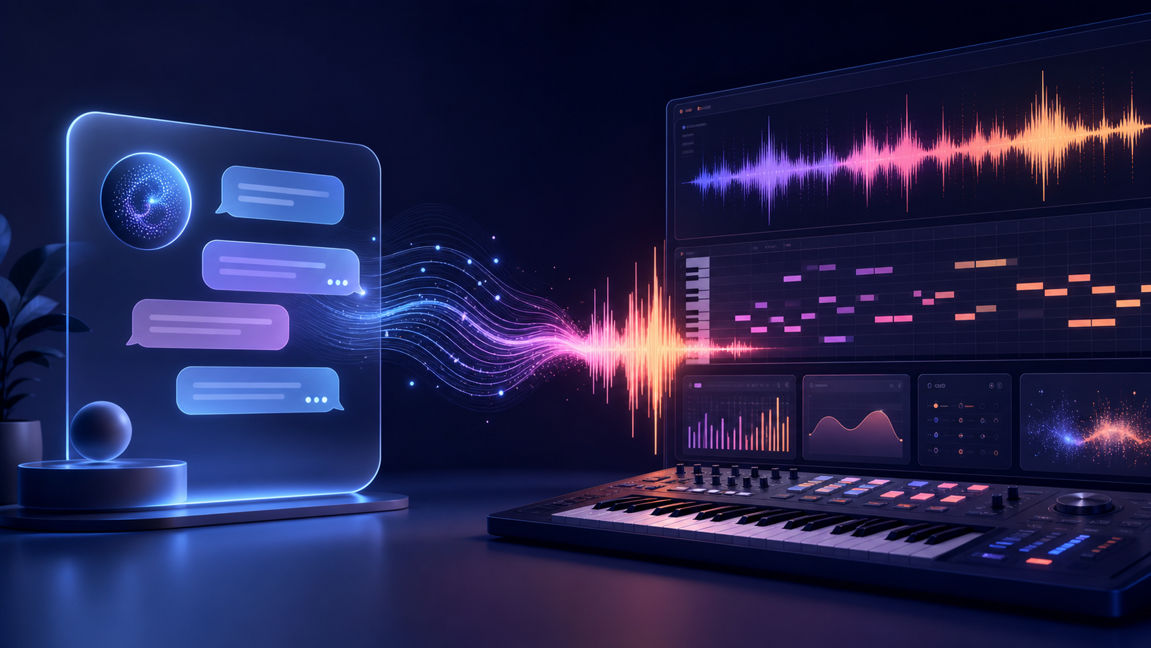 A visual bridge between an AI chat assistant and a music-generation studio
